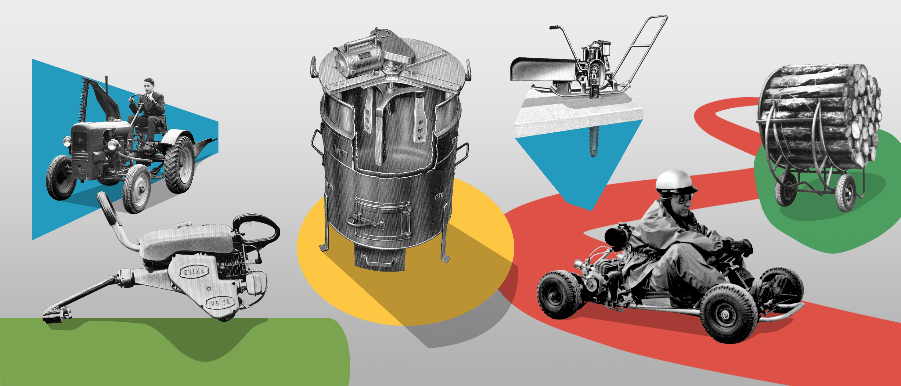 Collage of black and white photos of power tools that STIHL has produced over the years: Forestry cart, ice saw, debarker, go-kart, tractor, washing machine.