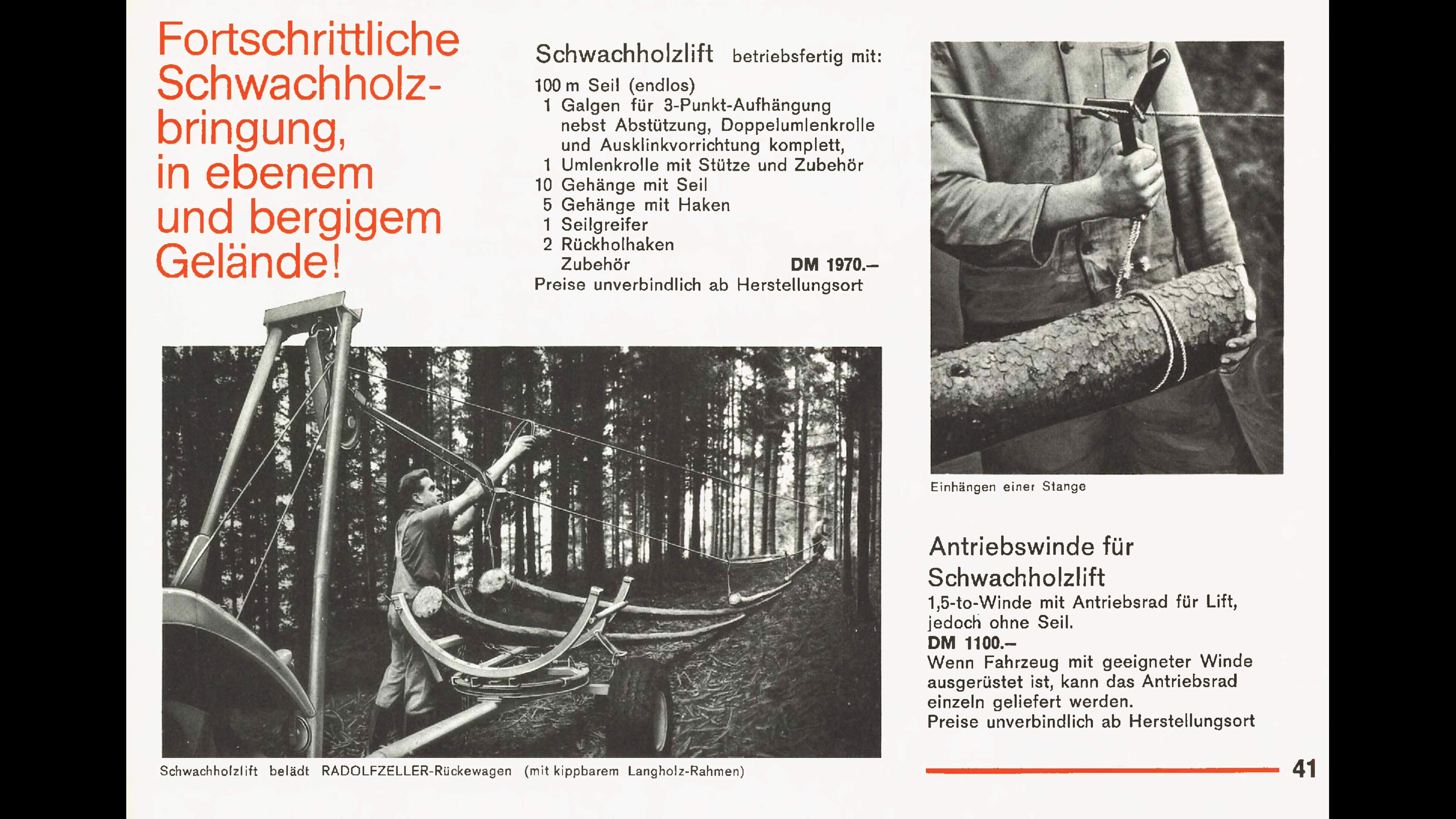 Catalog page 1967 with explanations of the function of a small timber lift; black-and-white photos.